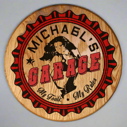 Personalized Garage Girl Barrel Head Sign