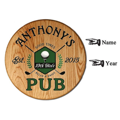 Personalized 19th Hole Pub Barrel Head Sign