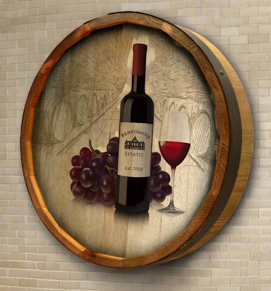 Personalized Full Color Wine Bottle With Grapes Quarter Barrel Sign