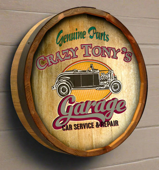 Personalized Full Color Tony's Garage Quarter Barrel Sign