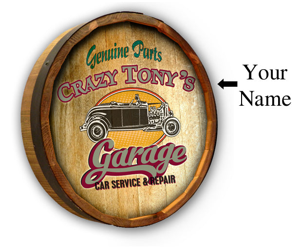 Personalized Full Color Tony's Garage Quarter Barrel Sign