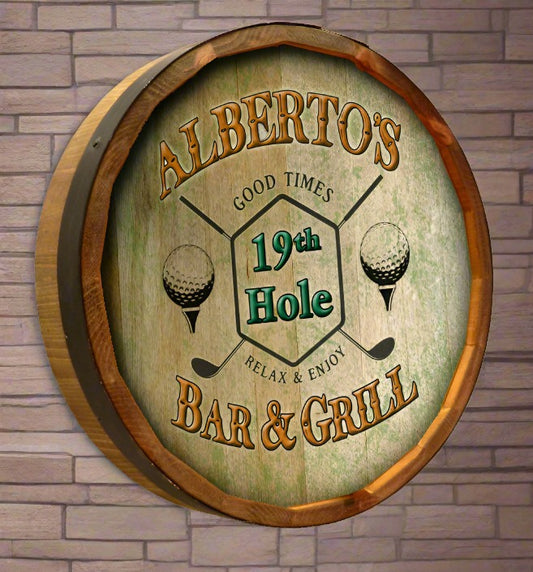 Personalized Full Color 19th Hole Bar & Grill Quarter Barrel Sign