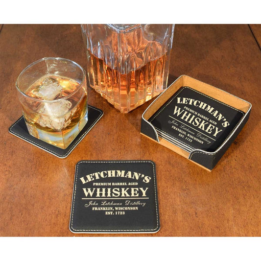 Whiskey Themed Personalized Leather Coasters (6-Pack)