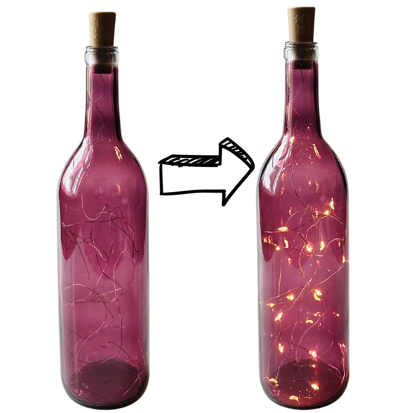 Purple Wine Bottle with Warm White Fairy Lights Powered From Cork, Wine Bottle with Battery Operated Lights