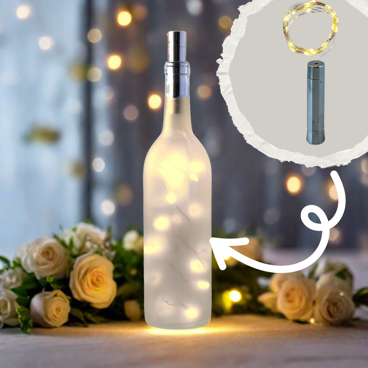 Wine Bottle Cork Light, Fairy Lights, String Lights, Wedding Centerpiece, Silver Wire Warm White LED Lights, Metallic Silver Cork