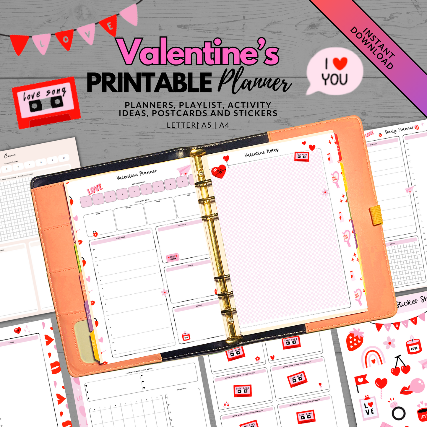 Printable Valentine's Day Planner, Activities for Valentine's Day, Valentine's Stickers, Love Themed Post Cards, PDF