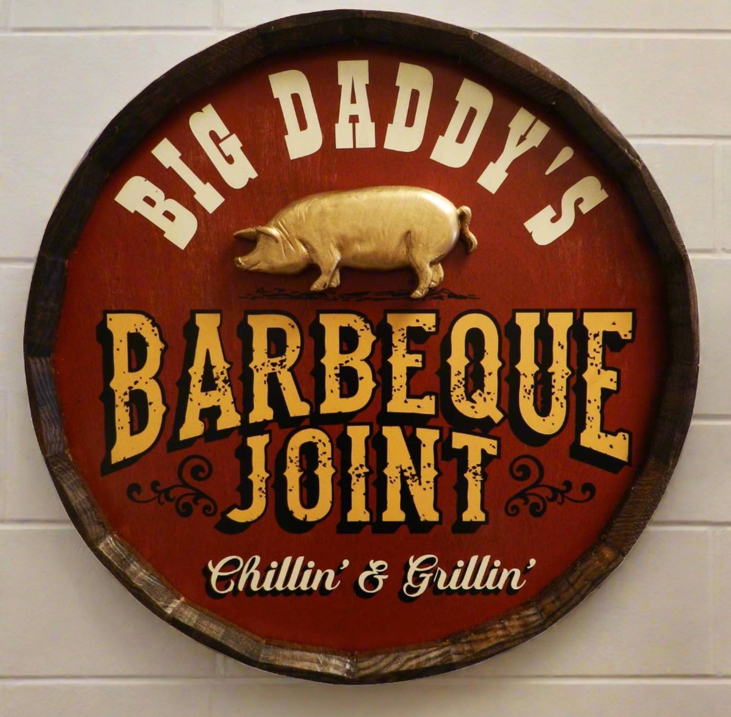 Personalized Barbeque Joint Quarter Barrel Sign with Relief