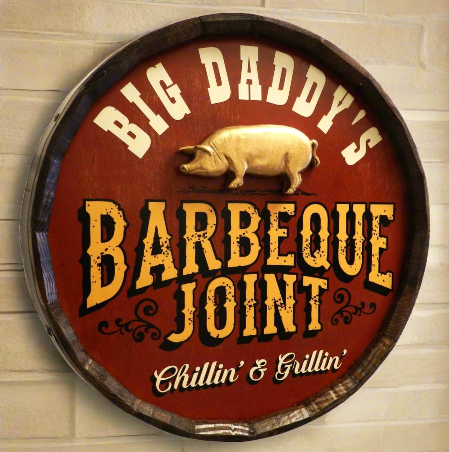 Personalized Barbeque Joint Quarter Barrel Sign with Relief