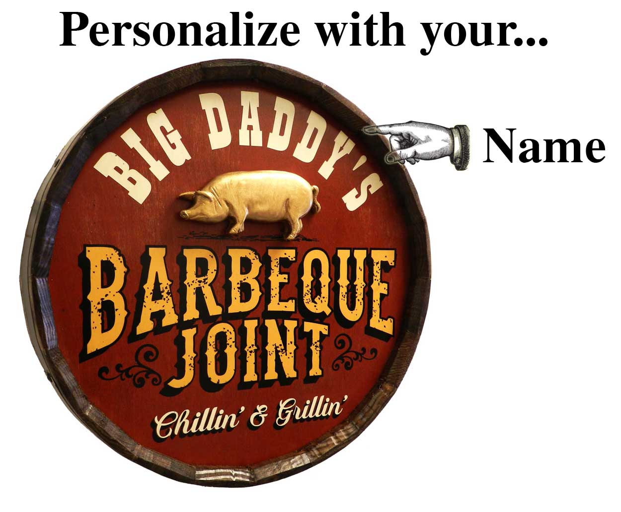 Personalized Barbeque Joint Quarter Barrel Sign with Relief