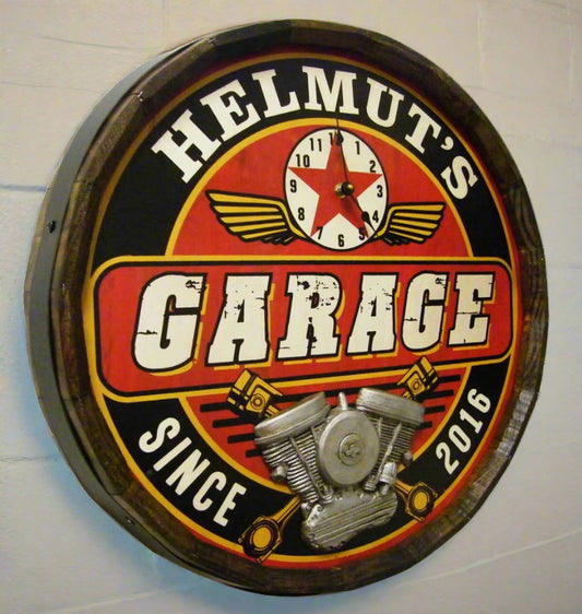 Personalized Garage with Clock Quarter Barrel Sign with Relief