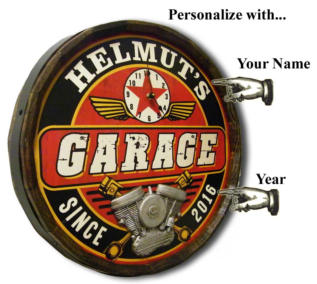 Personalized Garage with Clock Quarter Barrel Sign with Relief