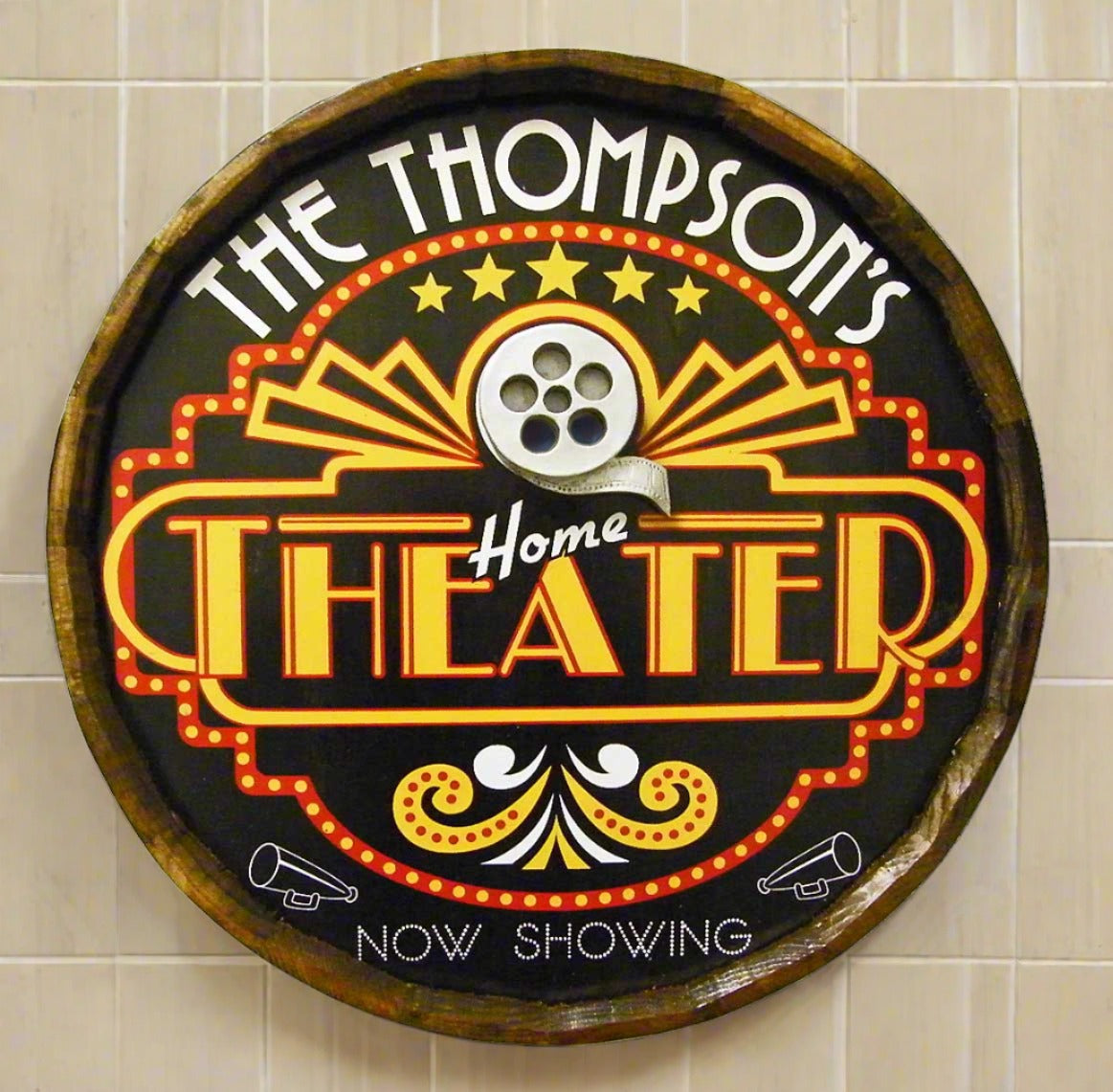 Personalized Home Theater Quarter Barrel Sign with Relief