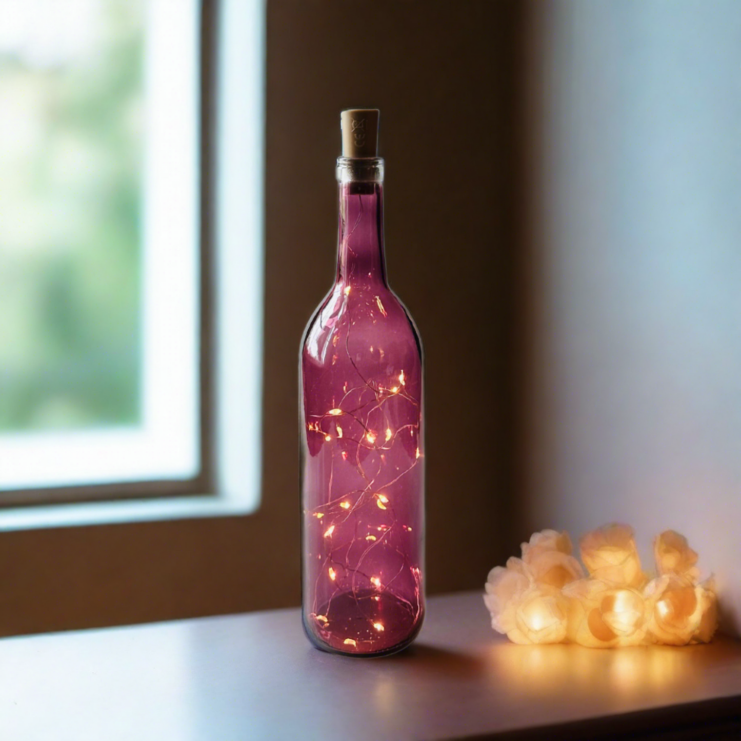 Purple Wine Bottle with Warm White Fairy Lights Powered From Cork, Wine Bottle with Battery Operated Lights