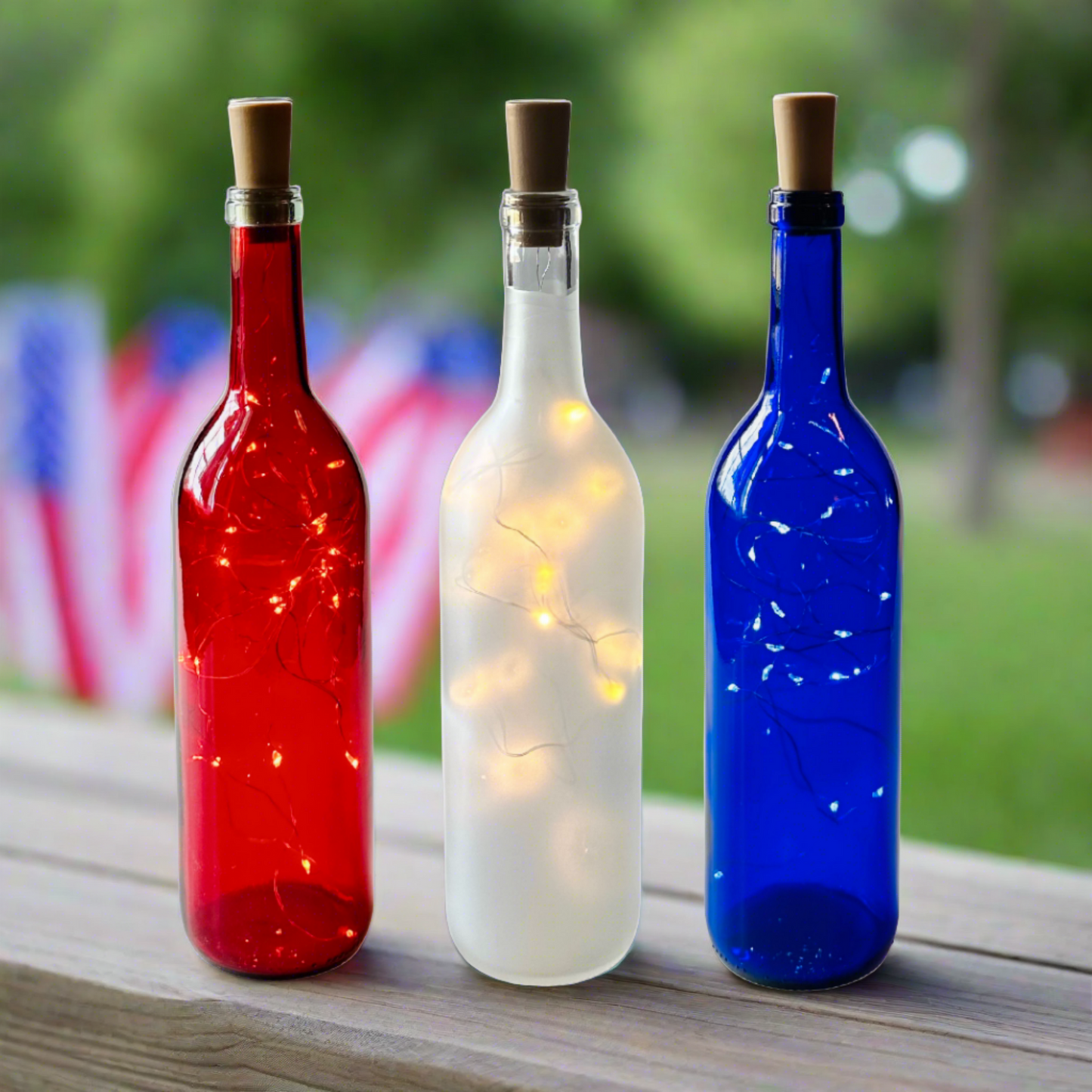 Red White and Blue Wine Bottles with Fairy String Lights, Patriotic Wine Bottles Decoration