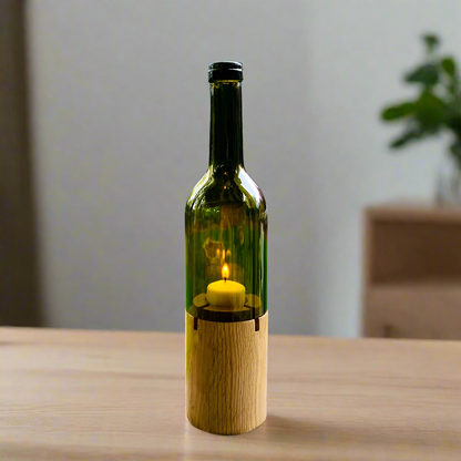 Cut Wine Bottle Candle Holder with Wooden Base