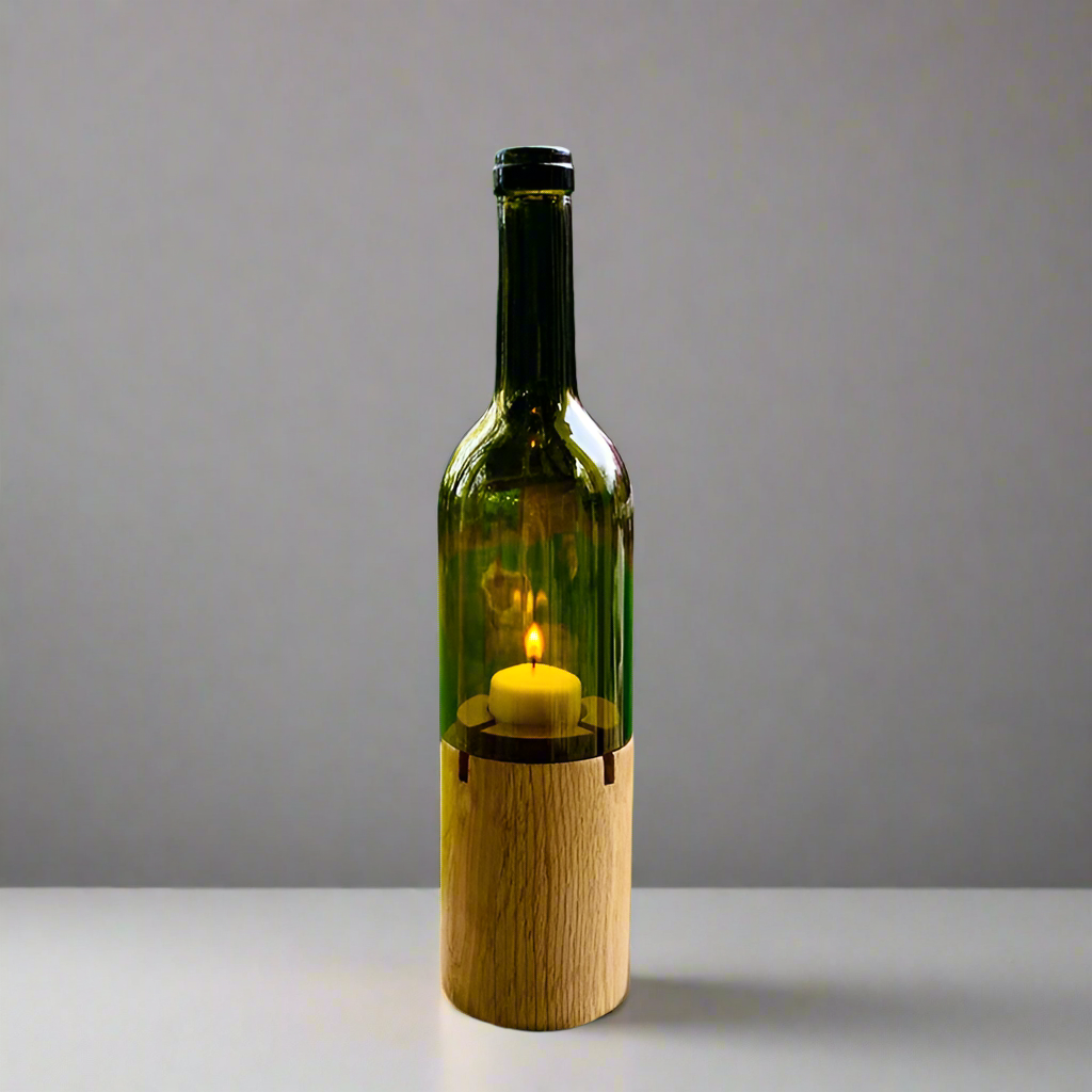 Cut Wine Bottle Candle Holder with Wooden Base