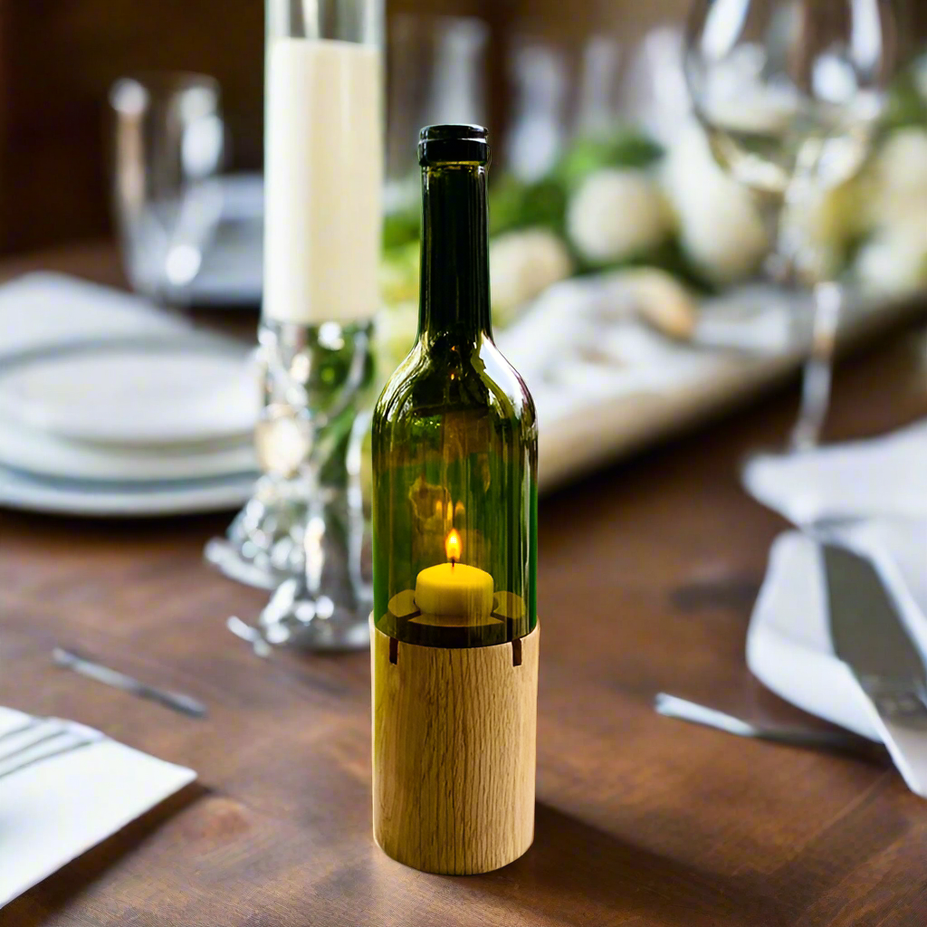 Cut Wine Bottle Candle Holder with Wooden Base