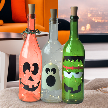 Halloween Wine Bottle Decorations with or Without String Lights - Ghost, Pumpkin, Frankenstein