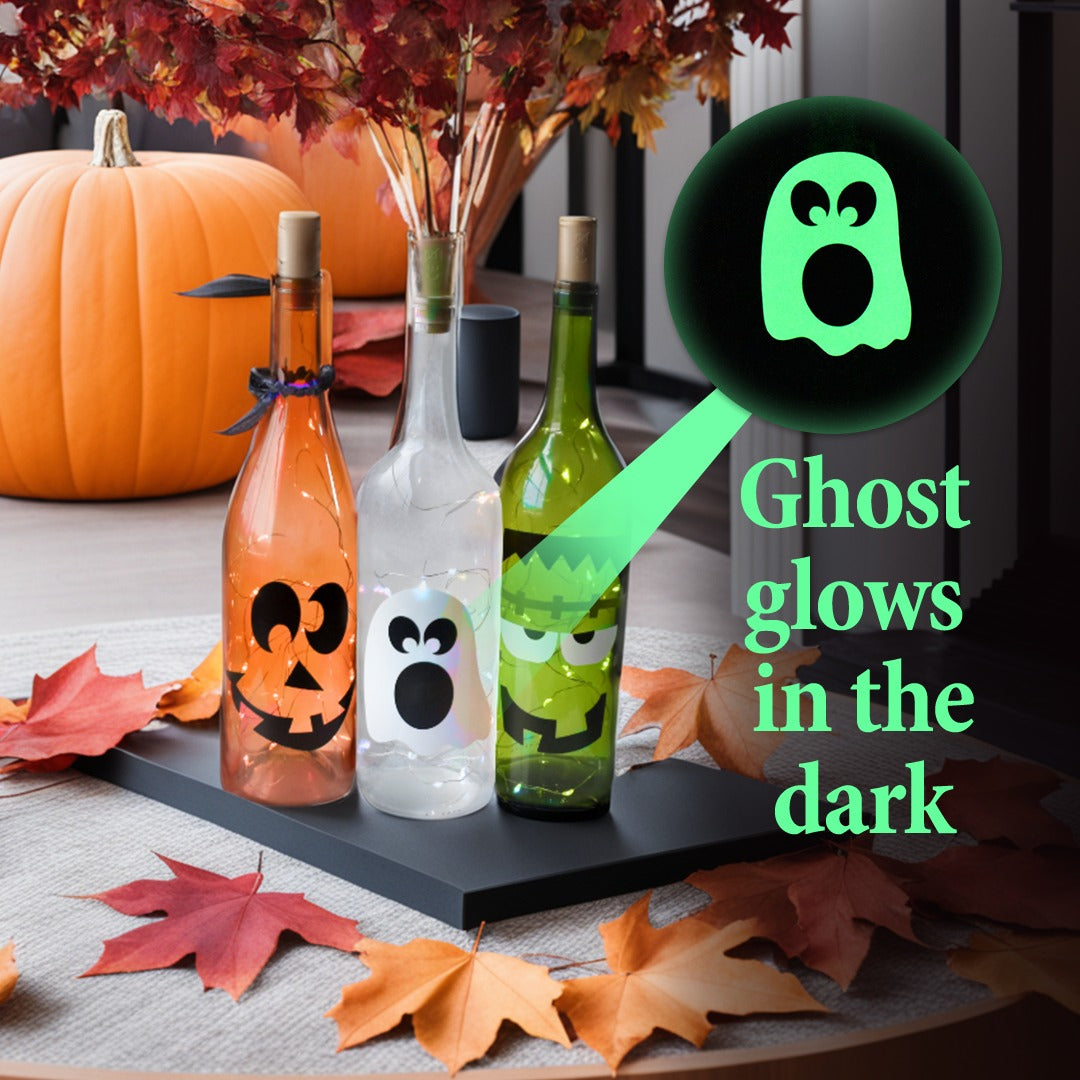 Halloween Wine Bottle Decorations with or Without String Lights - Ghost, Pumpkin, Frankenstein