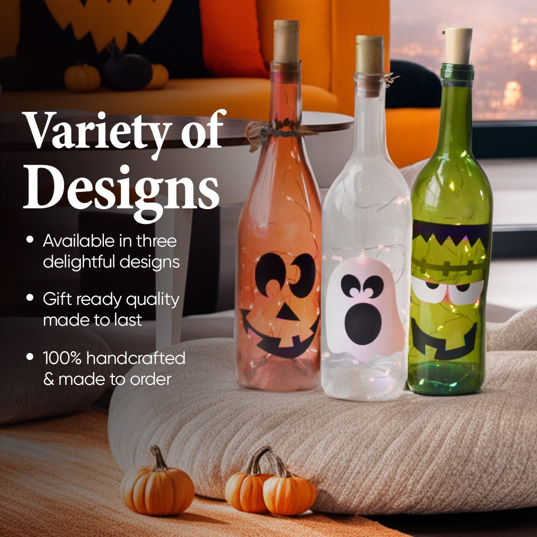 Halloween Wine Bottle Decorations with or Without String Lights - Ghost, Pumpkin, Frankenstein