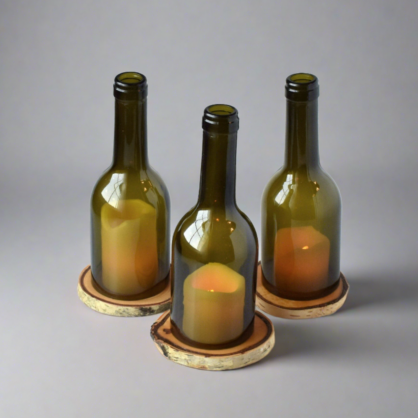 Cut Wine Bottle Candle Holder with Birch Wood Coaster Base