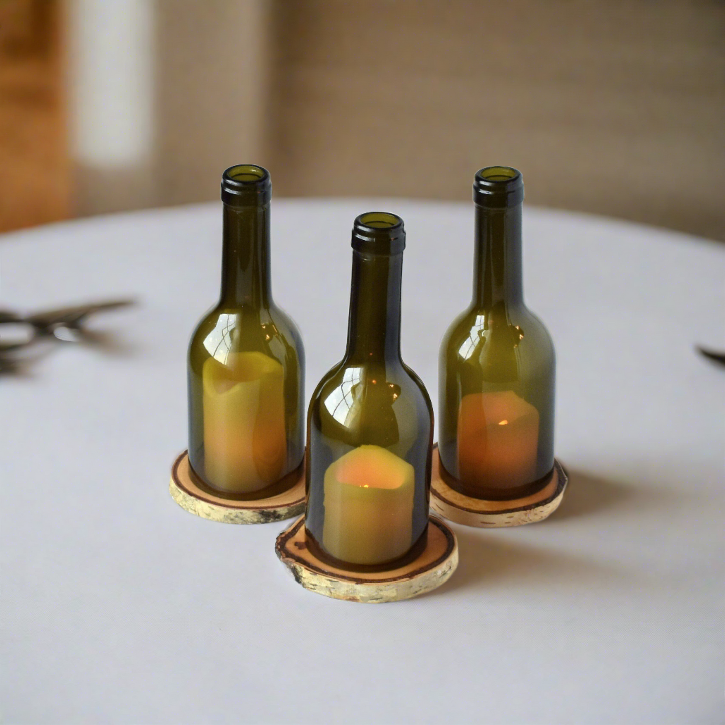 Cut Wine Bottle Candle Holder with Birch Wood Coaster Base