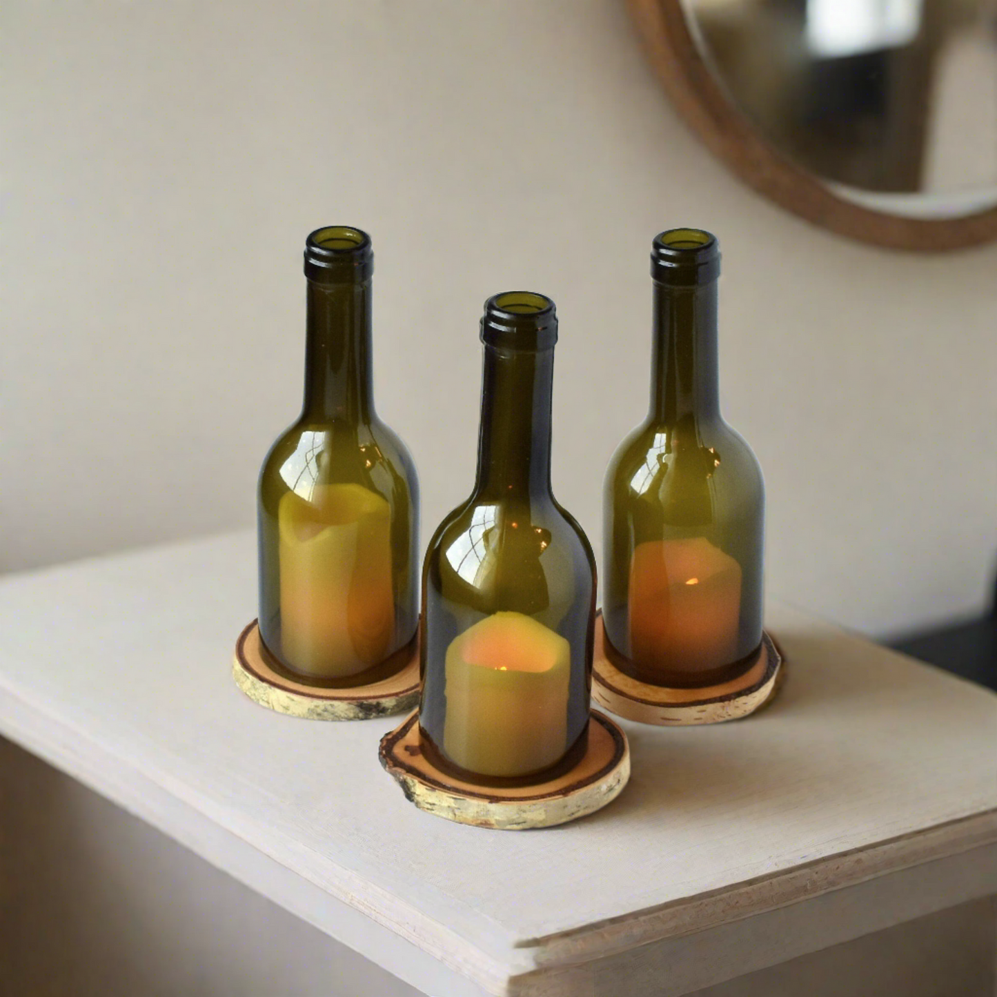 Cut Wine Bottle Candle Holder with Birch Wood Coaster Base