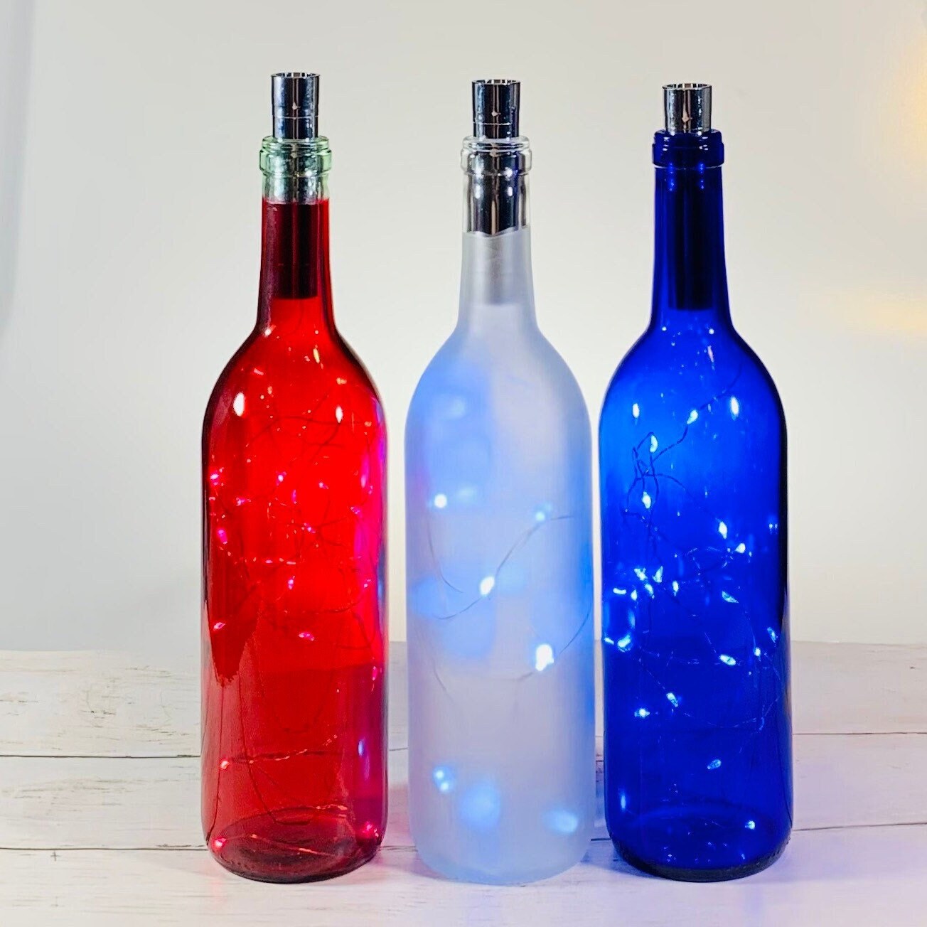 Red White and Blue Wine Bottles with Fairy String Lights, Patriotic Wine Bottles Decoration