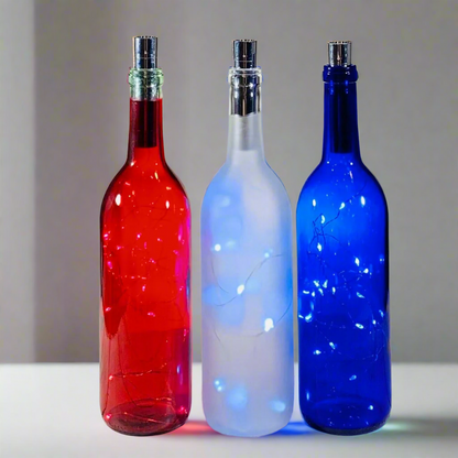 Red White and Blue Wine Bottles with Fairy String Lights, Patriotic Wine Bottles Decoration