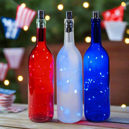 Red White and Blue Wine Bottles with Fairy String Lights, Patriotic Wine Bottles Decoration