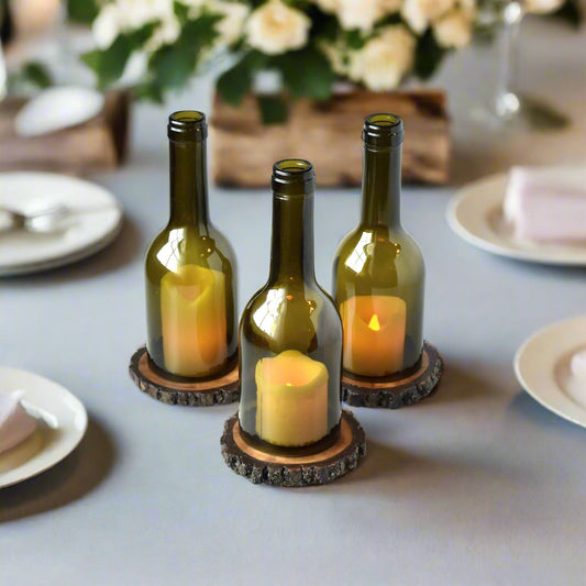 Cut Wine Bottle Candle Holder with Walnut Wood Coaster Base