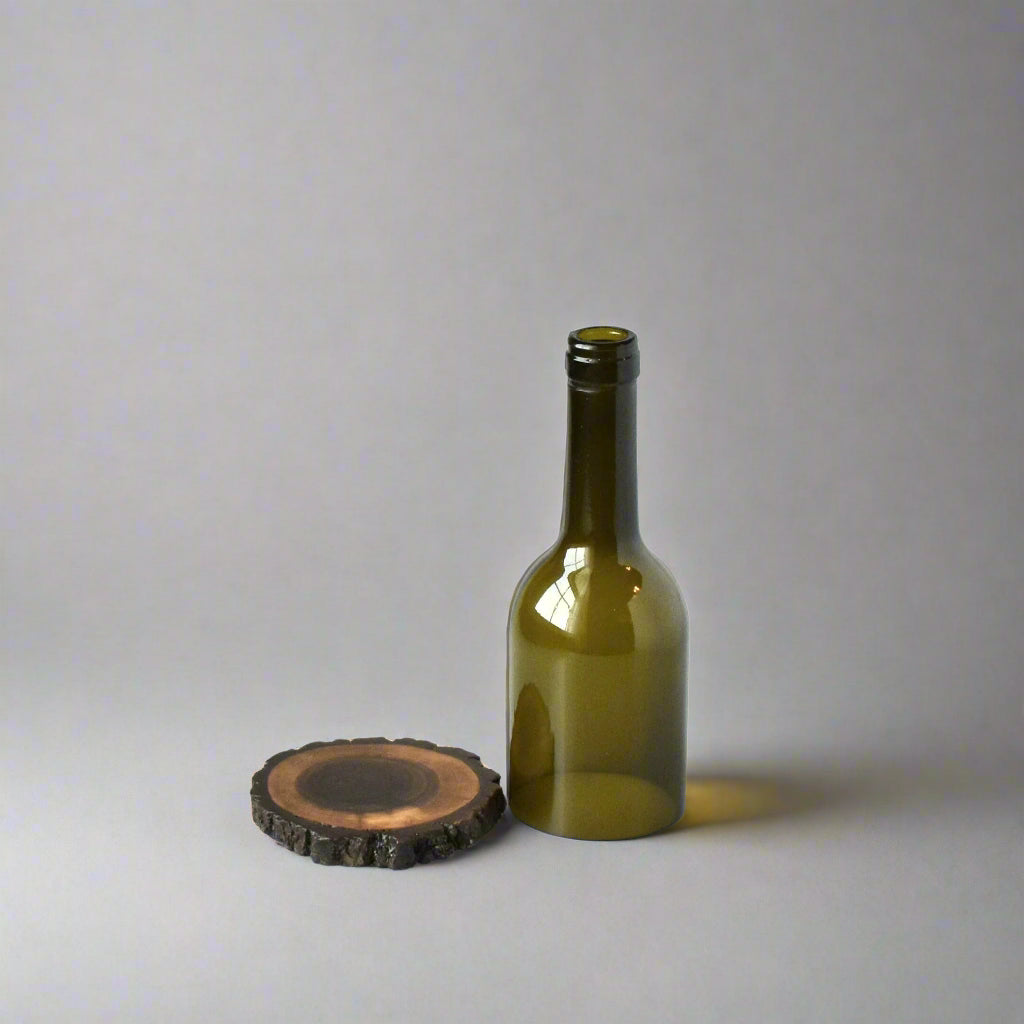 Cut Wine Bottle Candle Holder with Walnut Wood Coaster Base