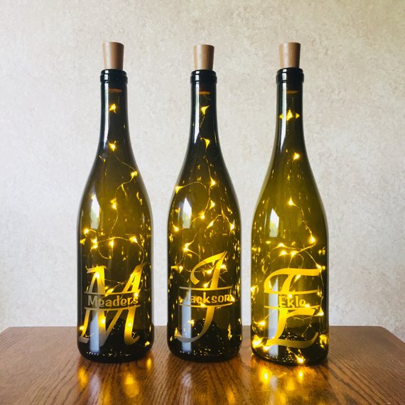 Custom Etched Split Monogram Wine Bottle With Twinkle Fairy Lights Powered From Cork