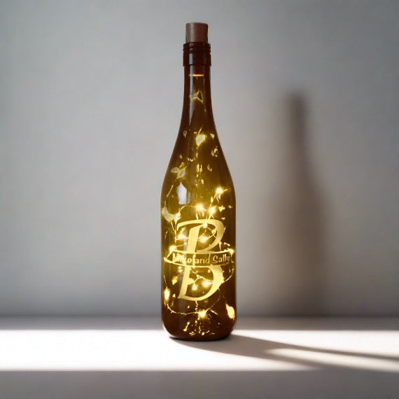 Custom Etched Split Monogram Wine Bottle With Twinkle Fairy Lights Powered From Cork