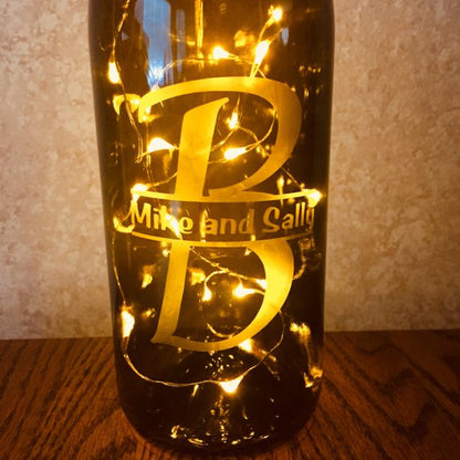 Custom Etched Split Monogram Wine Bottle With Twinkle Fairy Lights Powered From Cork