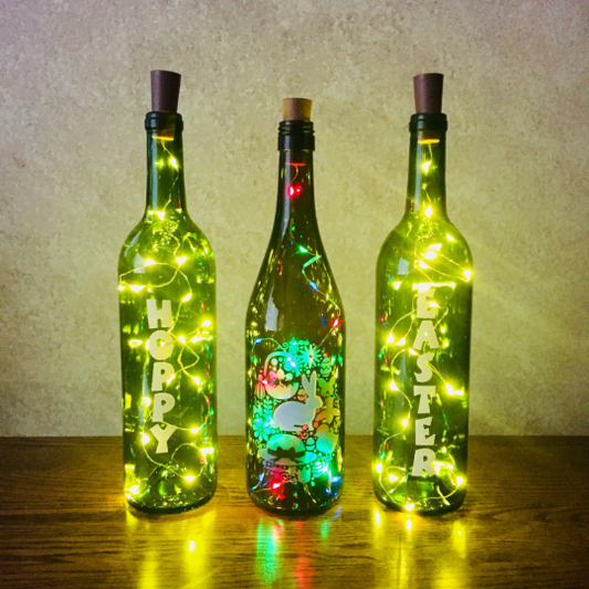 Hoppy Easter Etched Egg Wine Bottle With Twinkle Fairy Lights Powered From Cork