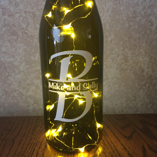 Custom Vinyl Split Monogram Wine Bottle With or Without Twinkle Fairy Lights Powered From Cork