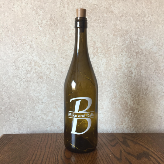 Custom Vinyl Split Monogram Wine Bottle With or Without Twinkle Fairy Lights Powered From Cork