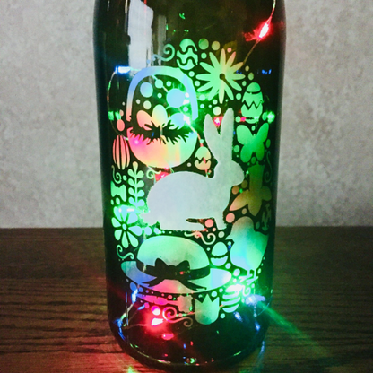 Hoppy Easter Etched Egg Wine Bottle With Twinkle Fairy Lights Powered From Cork