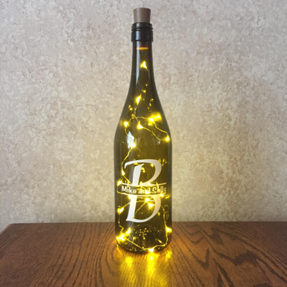 Custom Vinyl Split Monogram Wine Bottle With or Without Twinkle Fairy Lights Powered From Cork