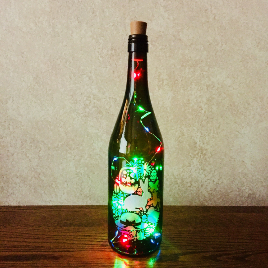 Hoppy Easter Etched Egg Wine Bottle With Twinkle Fairy Lights Powered From Cork