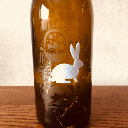 Hoppy Easter Etched Egg Wine Bottle With Twinkle Fairy Lights Powered From Cork