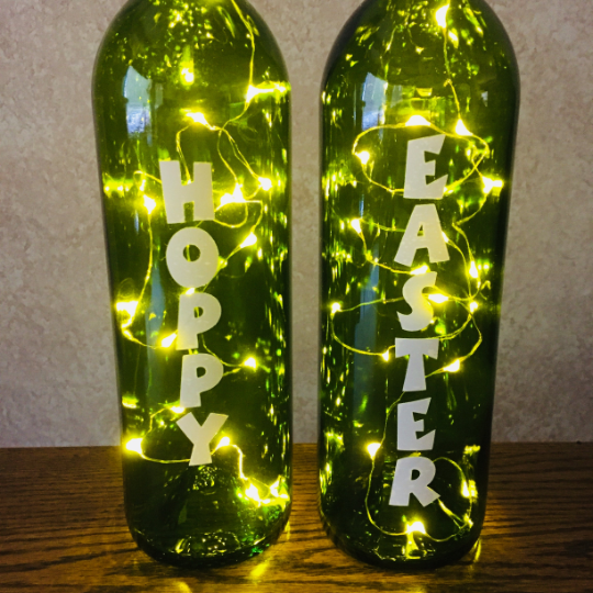 Hoppy Easter Etched Egg Wine Bottle With Twinkle Fairy Lights Powered From Cork