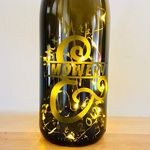 Custom Etched Split Mr. Mrs. Wine Bottle With Twinkle Fairy Lights Powered From Cork