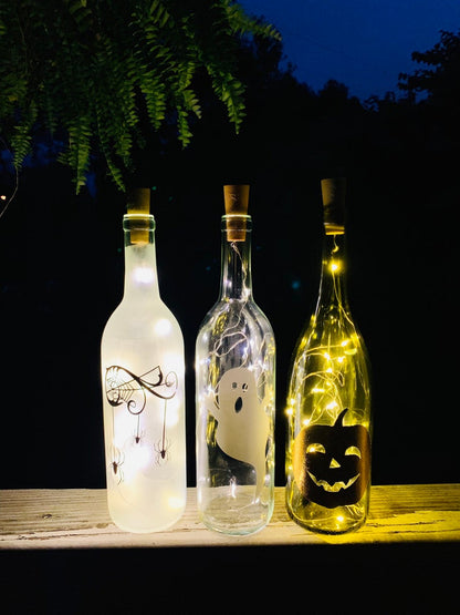 Fall & Halloween Wine Bottle Decorations with or Without String Lights - Spider, Ghost, Pumpkin