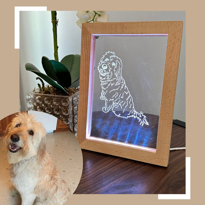 Color Changing Lighted Wood Frame with Custom Pet Photo Etched Into Acrylic, Unique Gift, 7 Color Changing LED Lights - Gift Ready