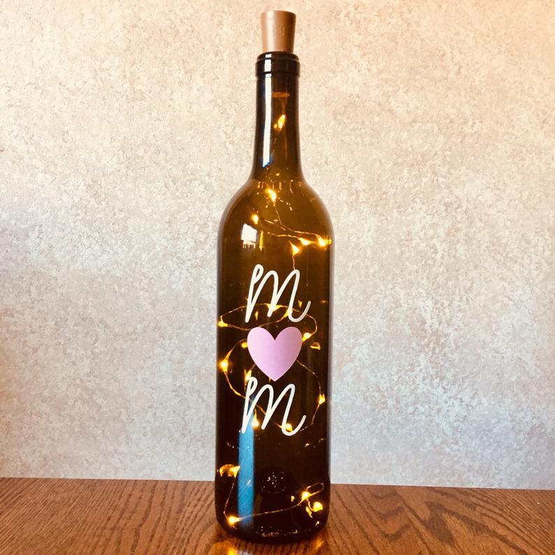 Mothers Day Wine Bottle With Vinyl & Twinkle Fairy Lights