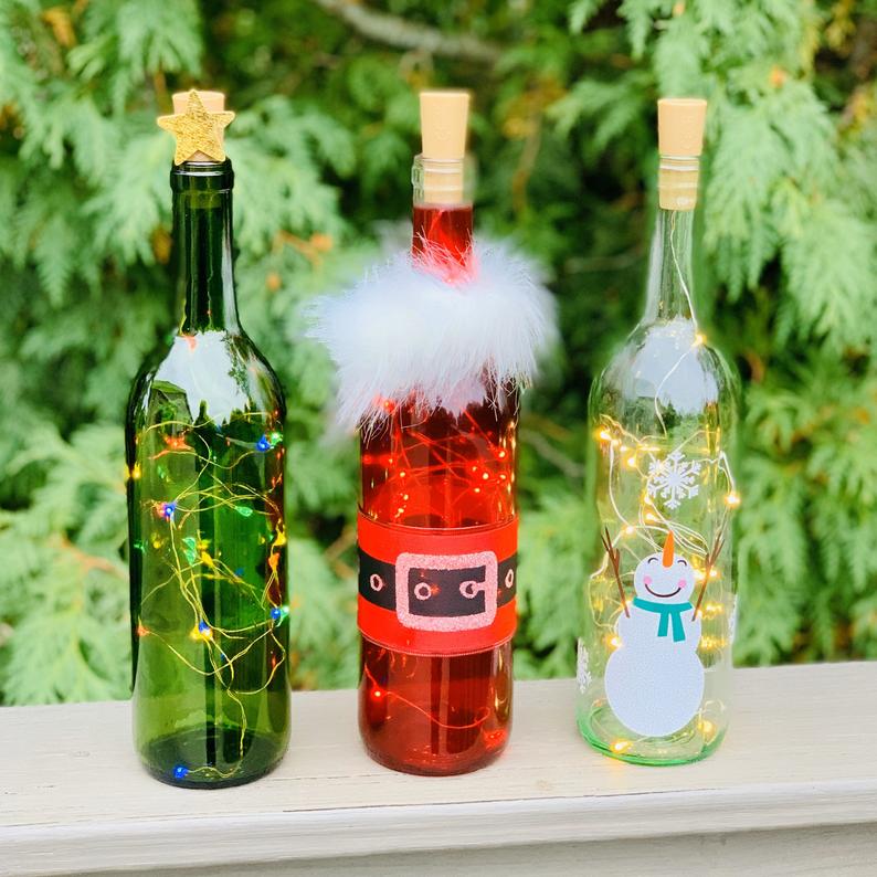 Holiday Wine Bottle Decorations with Lights - Santa, Snowman ...