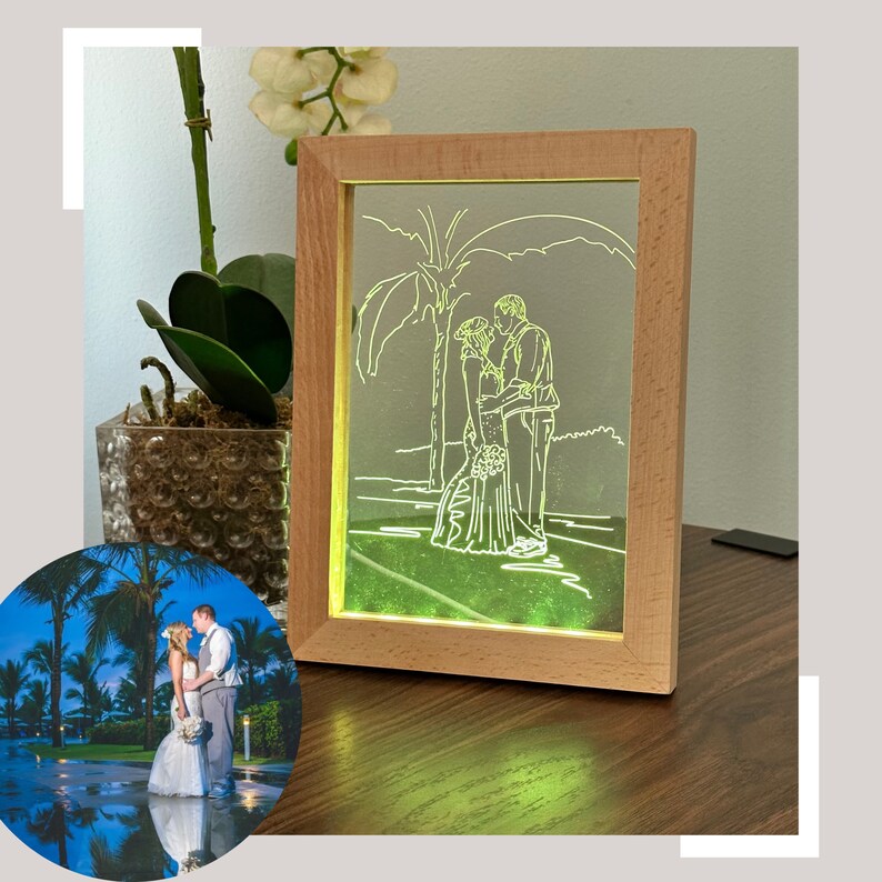 Custom Image Color Changing Lighted Wood Frame with Custom Photo Etched Into Acrylic, 7 Color Changing LED Lights - Gift Ready