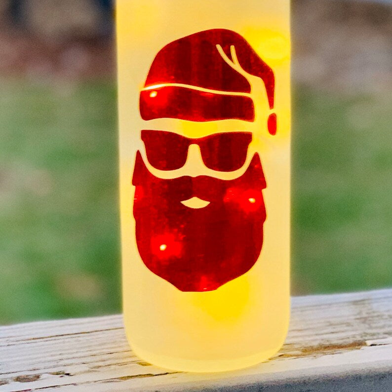Cool Holographic Sparkle Santa Glass Bottle Decoration with Lights, Winter Christmas Bottle Decor, Red Frosted Bottle Holiday Decor